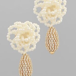 Pave Ball Link PomPom Pearl Earrings